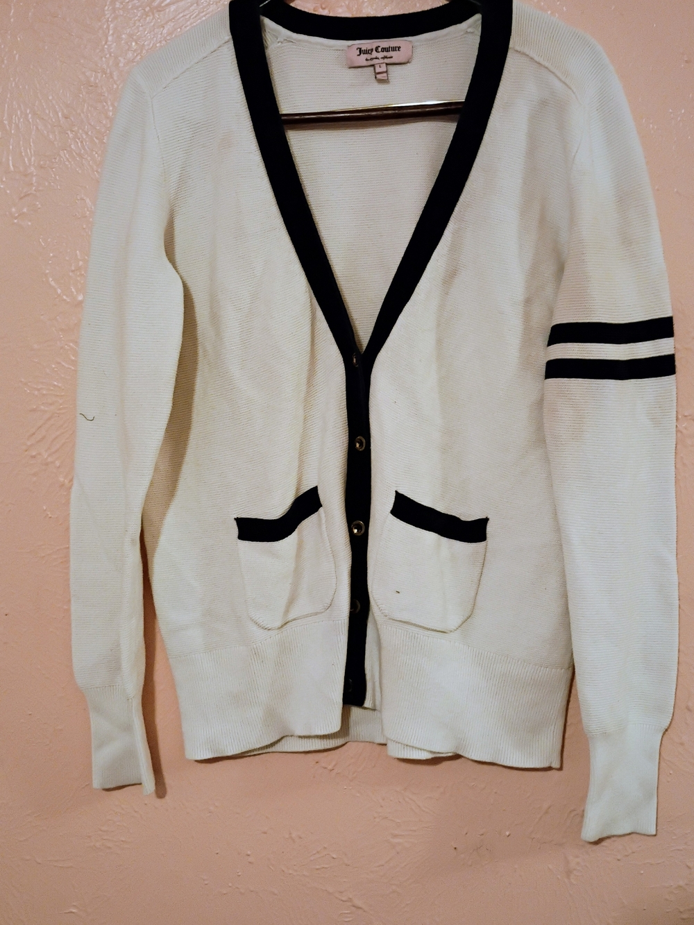 Juicy Couture Cream Cardigan with Black Trim and Sleeve Stripes